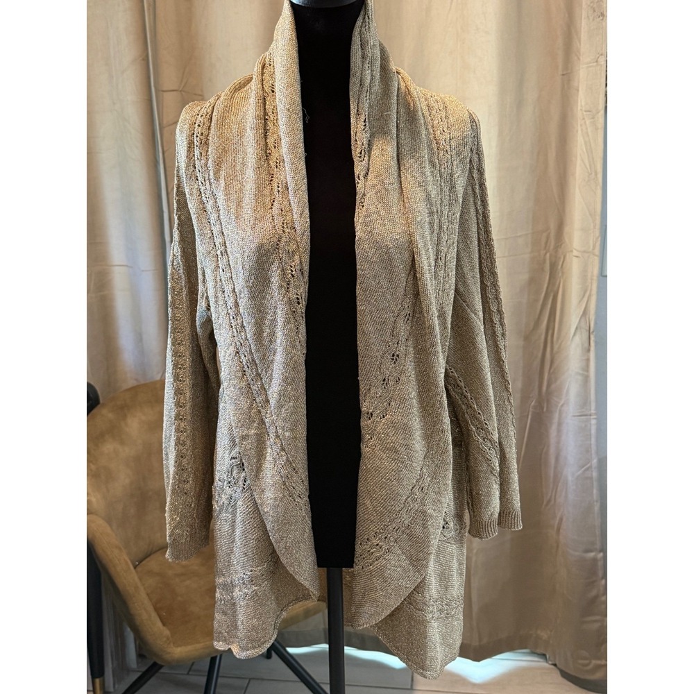 Alfani Woman Gold Metallic Knit Open Front Cardigan Pointelle Shimmer 3X